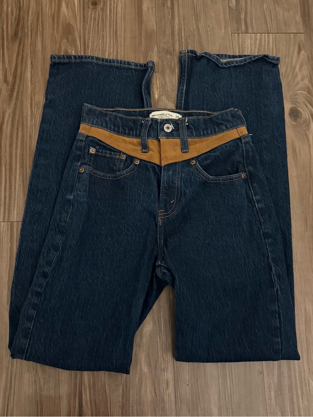 Abercrombie & Fitch Dark Blue Straight Leg Jeans with Tan Waist Accent